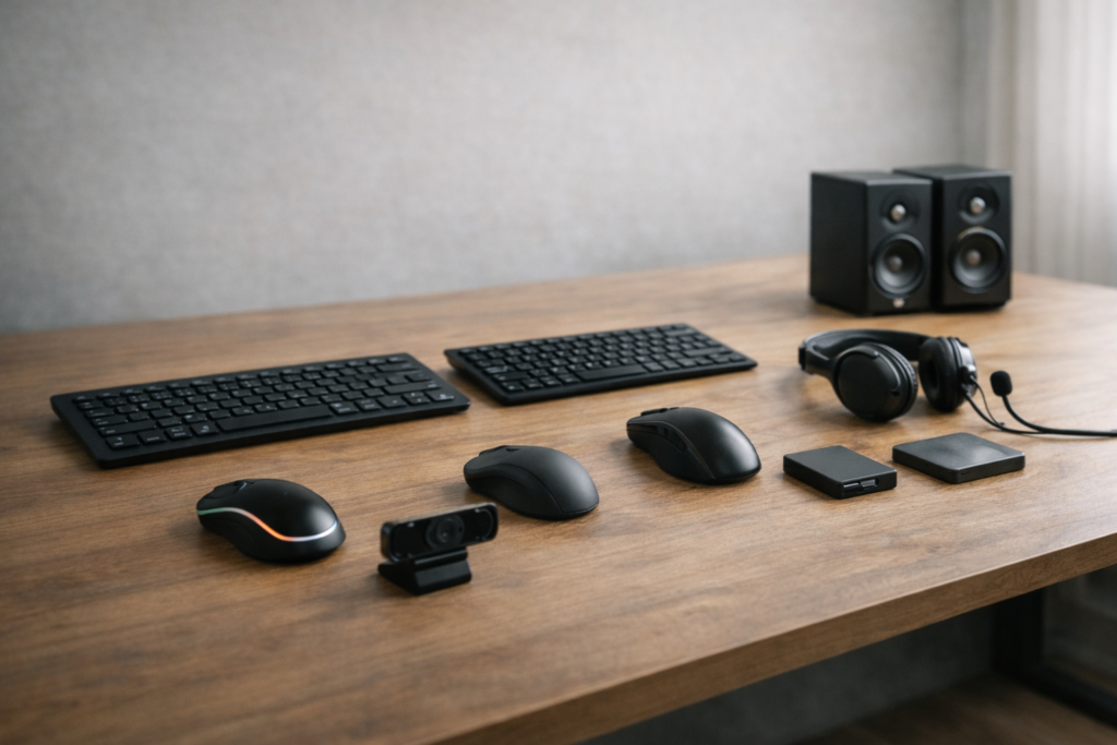 키보드 마우스 헤드셋 스피커 웹캠 외장SSD 등 컴퓨터 주변기기 구성 이미지