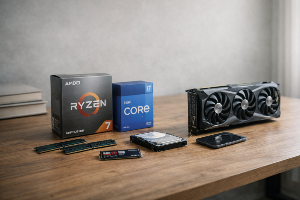 CPU RAM SSD 그래픽카드 등 컴퓨터 핵심 부품 구성 이미지