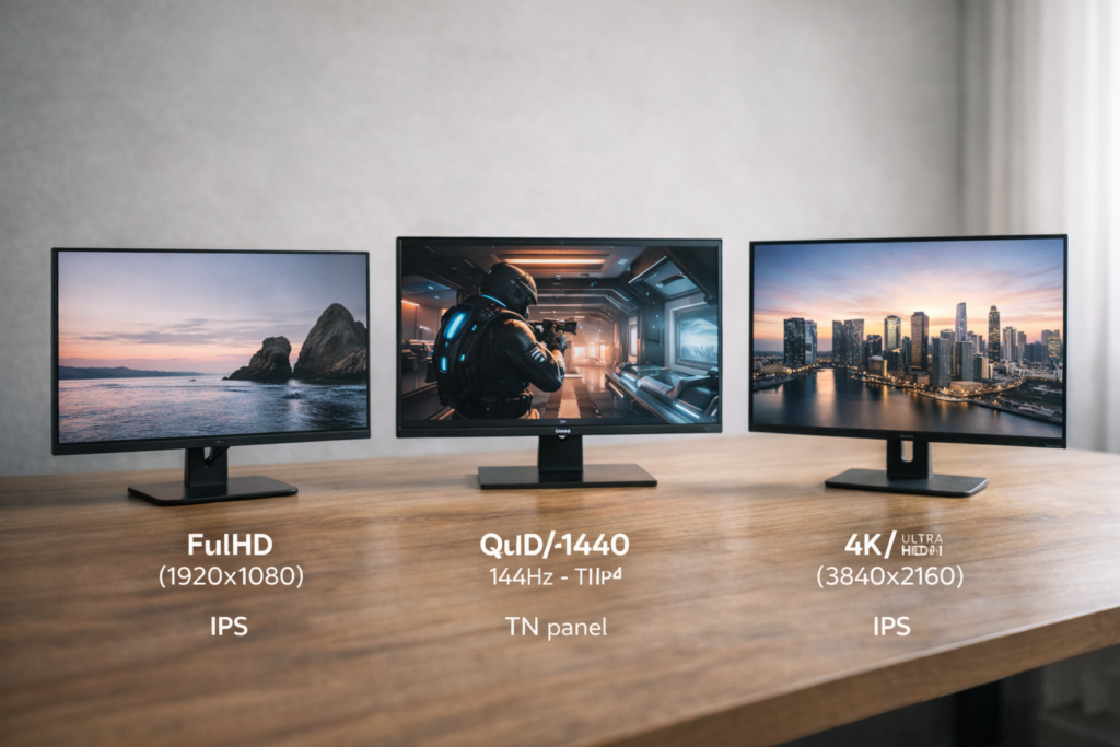 다양한 해상도와 용도의 모니터 구성 비교 이미지